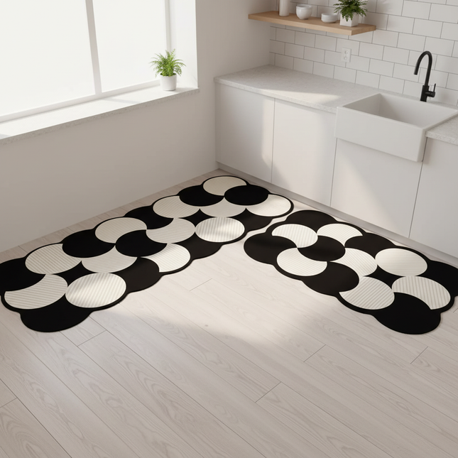 Tapis Cuisine noir et blanc motifs ronds antidérapant