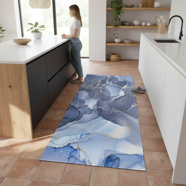 Tapis Cuisine bleu marbré antidérapant décoratif