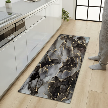 Tapis Cuisine Marbré Noir Doré Antidérapant