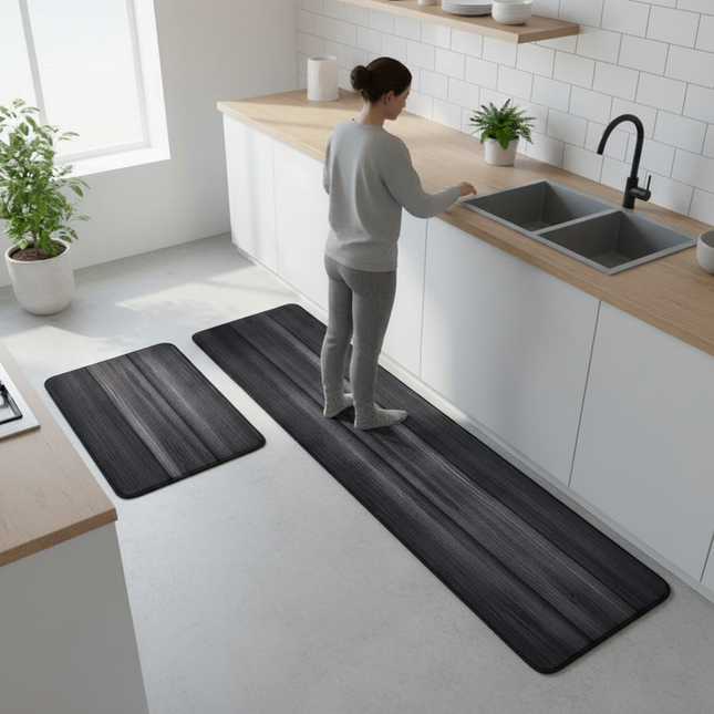 Tapis Cuisine noir motif bois antidérapant