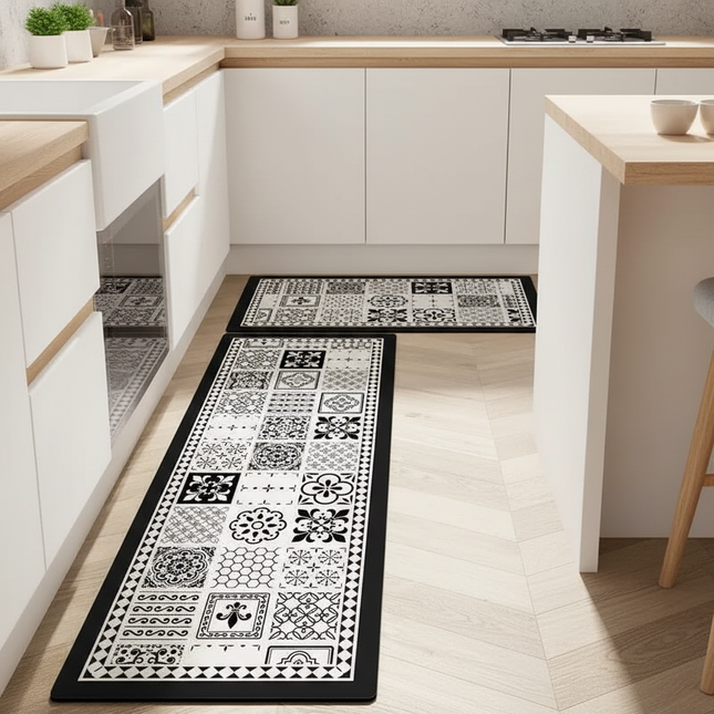 Tapis Cuisine noir et blanc carreaux antidérapant