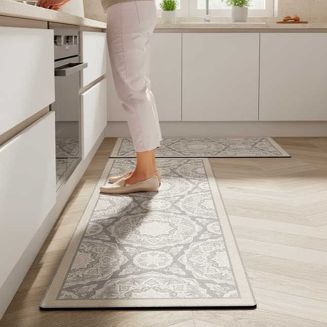Tapis Cuisine gris floral antidérapant