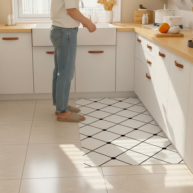 Tapis Cuisine blanc motif géométrique antidérapant