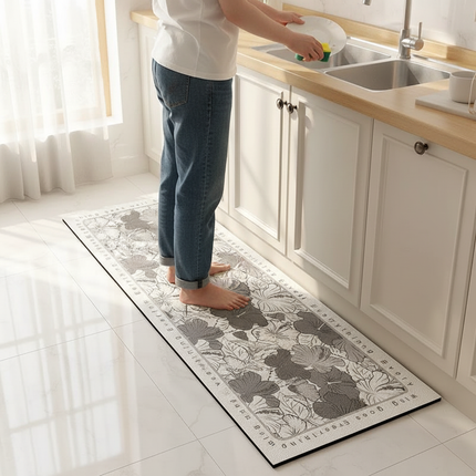 Tapis Cuisine blanc et gris floral antidérapant
