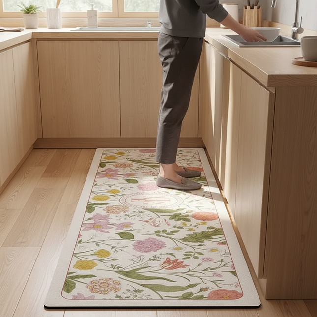 Kitchen Pvc Floor Mat Leather Waterproof Non-slip Carpet Oil-proof Foot Mats Pink Flower Pattern Home Decoration Rug Vinyl Rugs - gallery 1