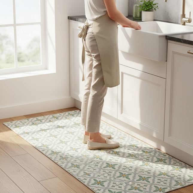 Tapis Cuisine motif carreaux vert lavable