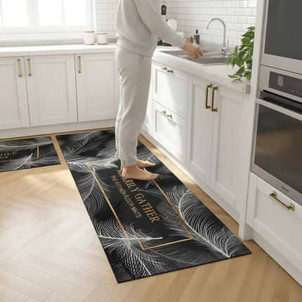Tapis Cuisine noir motif plumes antidérapant