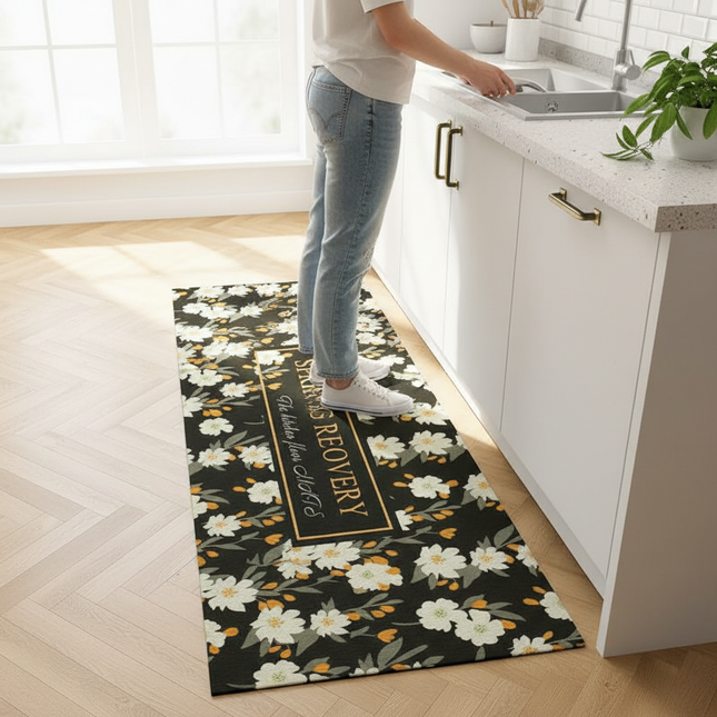 Tapis Cuisine noir floral antidérapant