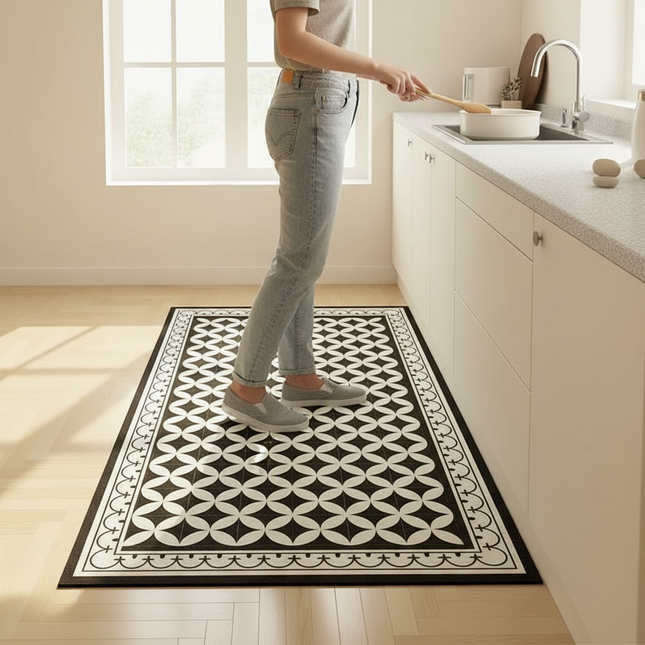 Tapis Cuisine noir blanc géométrique antidérapant contrasté