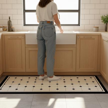 Kitchen Floor Mat Black White Diamond Grid Pattern Pvc Leather Non-slip Carpet Waterproof Oil-proof Large Area Home Decor Rug - gallery 1