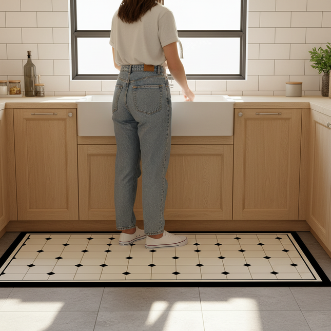 Kitchen Floor Mat Black White Diamond Grid Pattern Pvc Leather Non-slip Carpet Waterproof Oil-proof Large Area Home Decor Rug - gallery 1