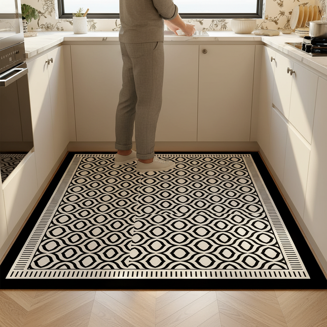 Kitchen Floor Mat Black White Diamond Grid Pattern Pvc Leather Non-slip Carpet Waterproof Oil-proof Large Area Home Decor Rug - gallery 1