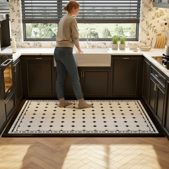 Tapis Cuisine noir et blanc motif carreaux antidérapant classique