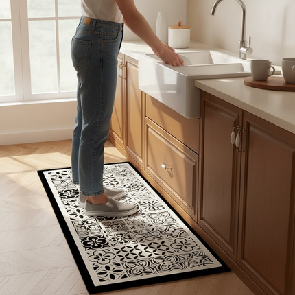 Tapis Cuisine noir et blanc carreaux antidérapant lavable