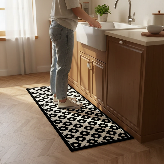 Tapis Cuisine noir blanc géométrique antidérapant épuré