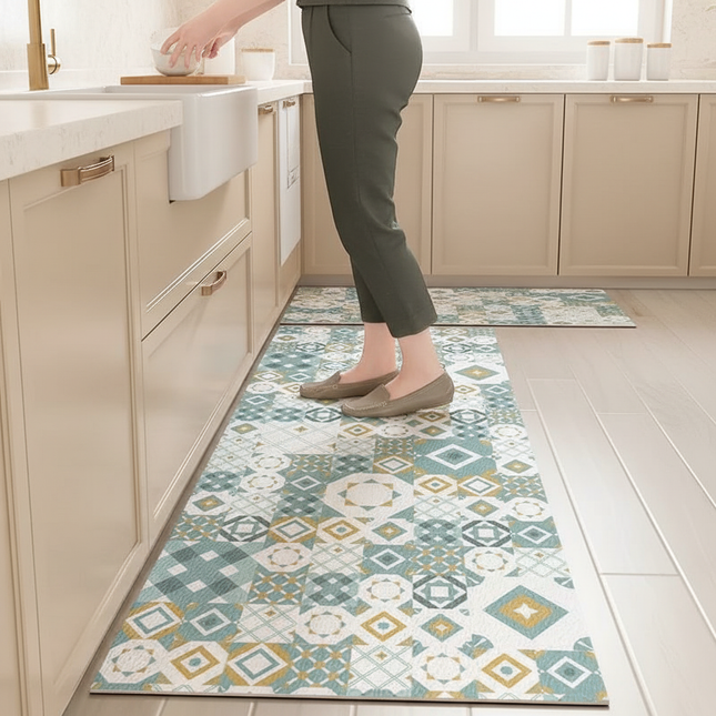 Tapis Cuisine motif géométrique bleu or antidérapant