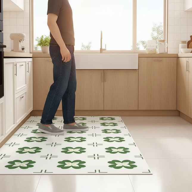Tapis Cuisine blanc motif floral vert lavable