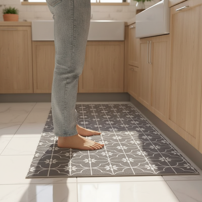 Tapis Cuisine gris motif lavable antisalissure