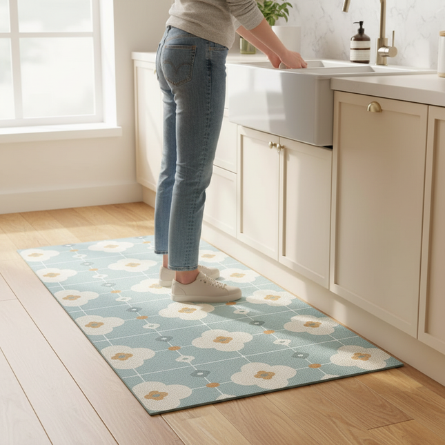 Tapis Cuisine bleu motif floral lavable