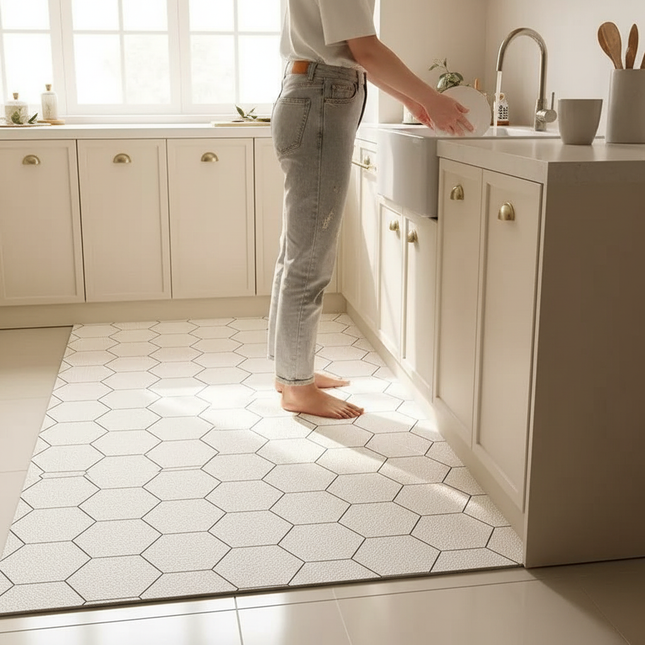 Tapis Cuisine Blanc Motif Hexagonal Antidérapant