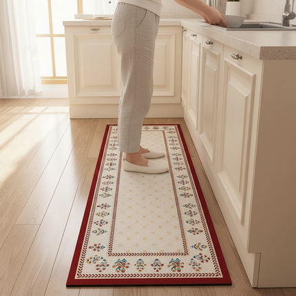 Tapis Cuisine bordure rouge motif floral antidérapant