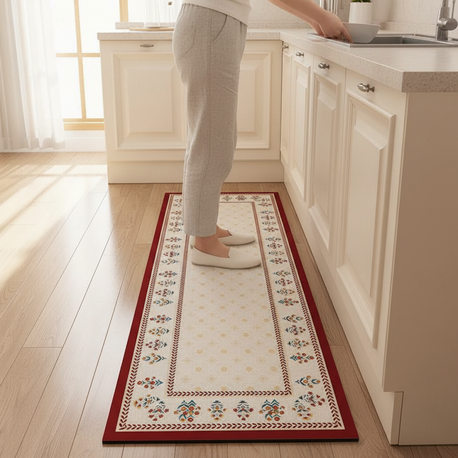Tapis Cuisine bordure rouge motif floral antidérapant