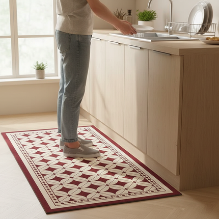 Tapis Cuisine Rouge Beige Géométrique Imperméable