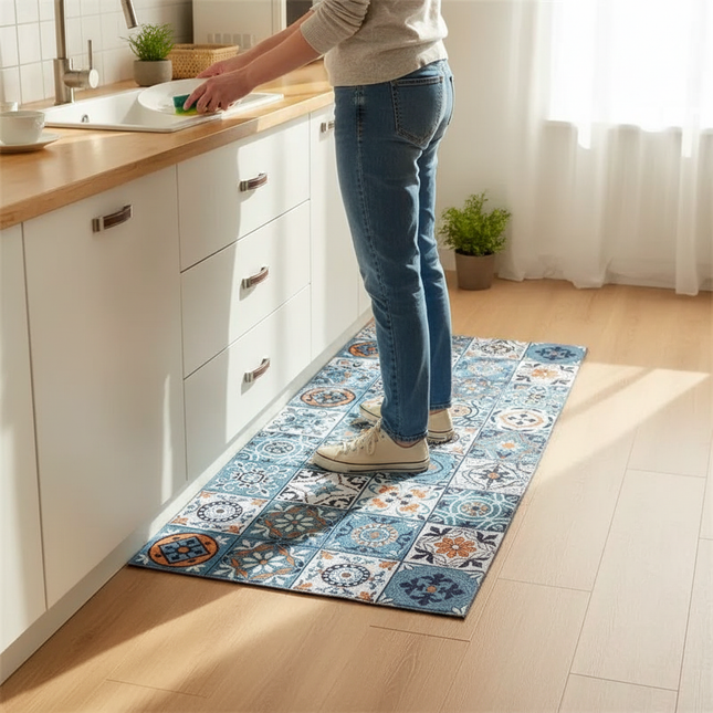 Tapis Cuisine motif carreaux bleu antidérapant