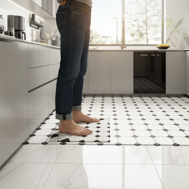 Tapis Cuisine noir et blanc motif carreaux antidérapant minimaliste