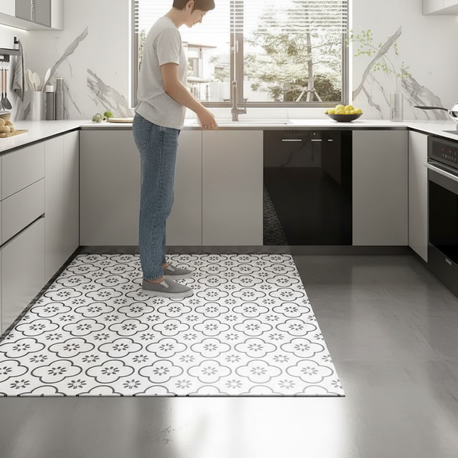 Tapis Cuisine motif géométrique blanc antidérapant