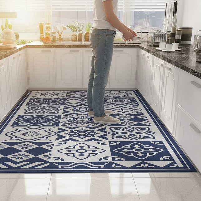Tapis Cuisine bleu motif carreaux antidérapant