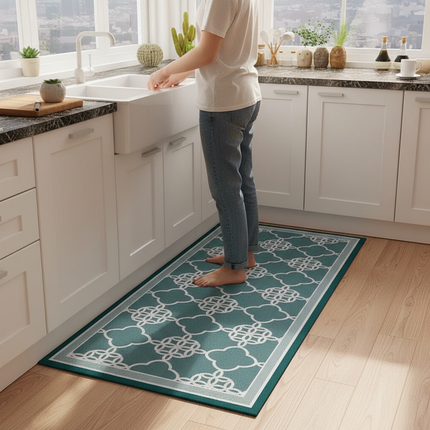 Tapis Cuisine turquoise motifs géométriques antidérapant