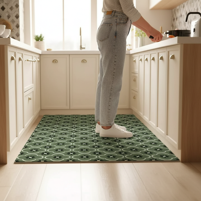 Tapis Cuisine vert floral résistant