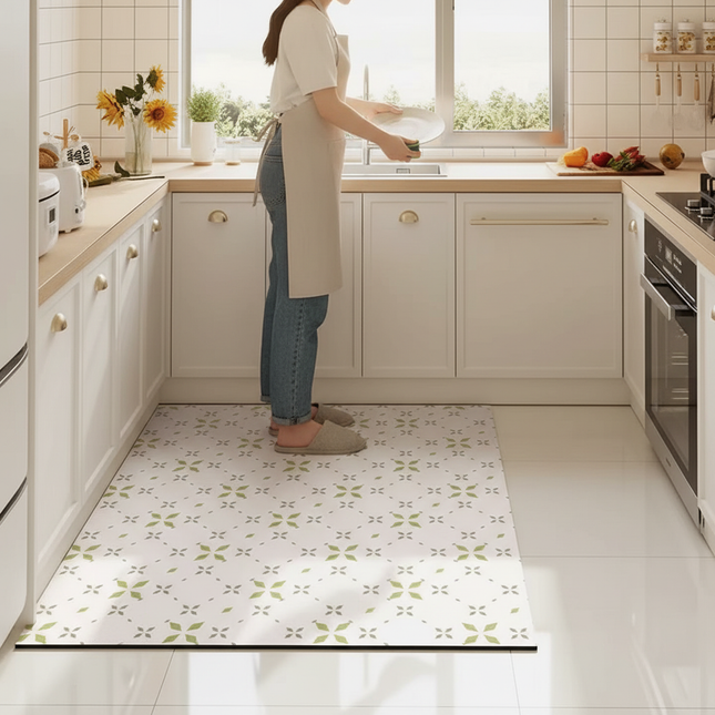 Tapis Cuisine blanc motifs verts anti-tache