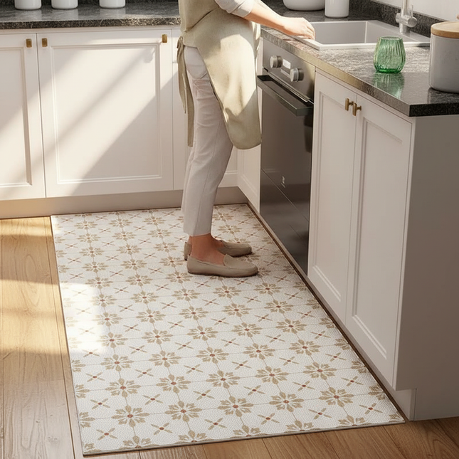 Tapis Cuisine motif carreaux beige lavable