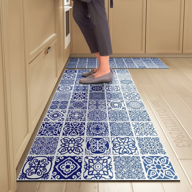 Tapis Cuisine long carreaux bleus antidérapant