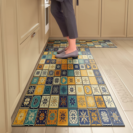 Tapis Cuisine mosaïque bleu jaune antidérapant