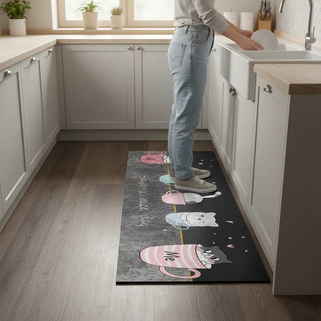 Tapis Cuisine chats mignons noir antidérapant
