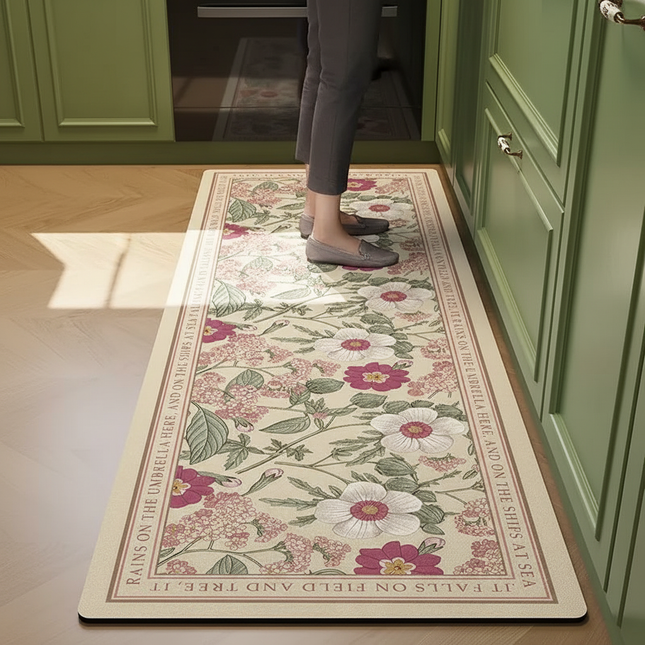 Tapis Cuisine fleuri beige antidérapant