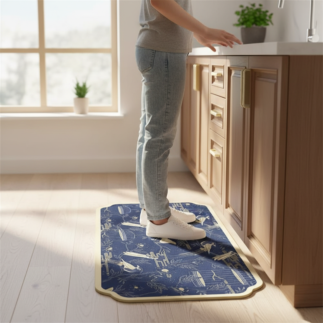 Tapis Cuisine bleu marine motifs oiseaux antidérapant