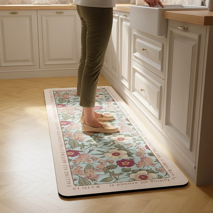 Tapis Cuisine bleu fleuri antidérapant