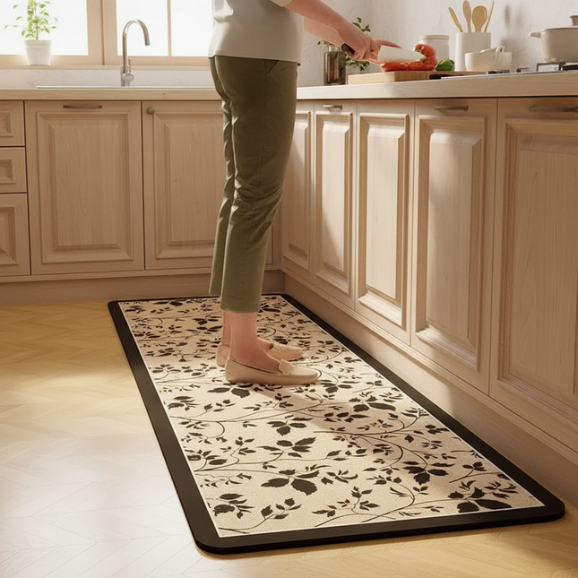 Tapis Cuisine motif feuilles beige antidérapant