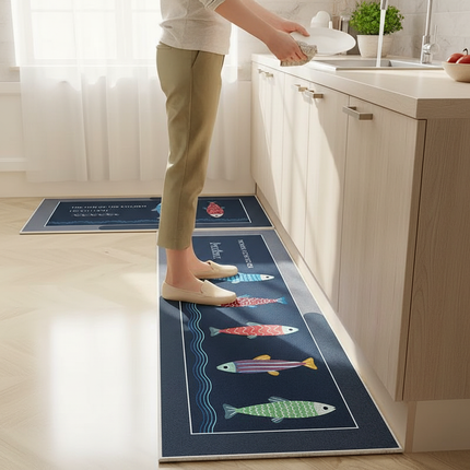 Tapis Cuisine bleu marine poissons antidérapant