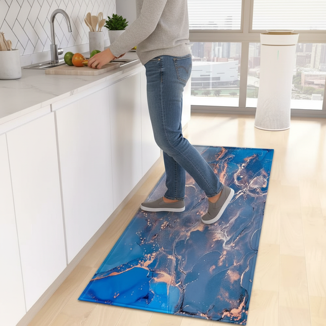 Tapis Cuisine bleu marbré antidérapant tendance