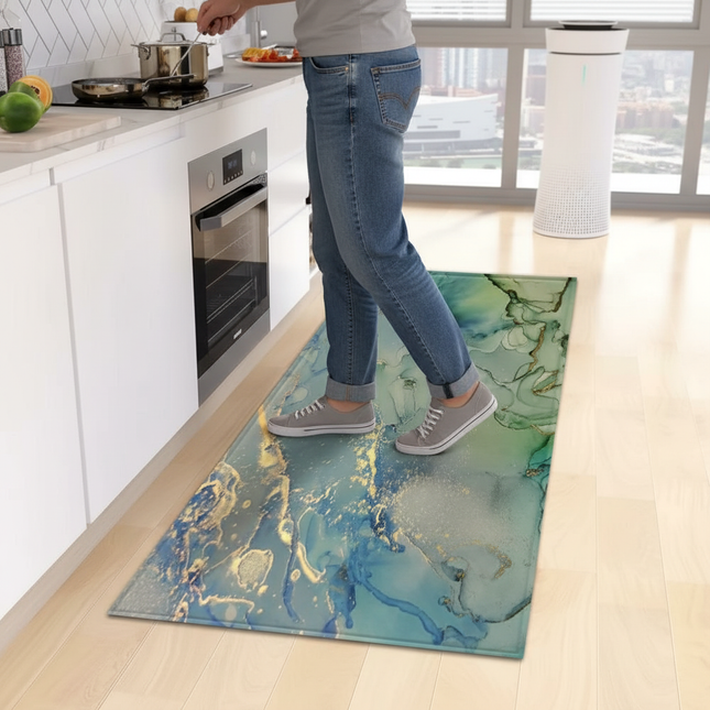 Tapis Cuisine Abstrait Bleu Or Antidérapant