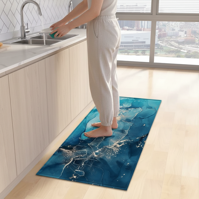 Tapis Cuisine bleu marbré antidérapant brillant
