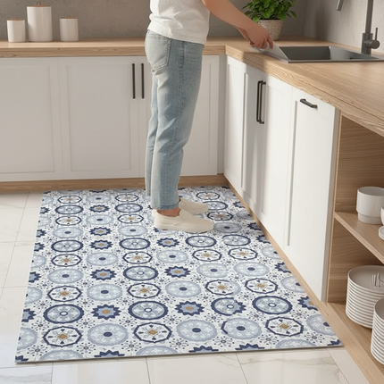 Tapis Cuisine antidérapant bleu motifs mosaïque
