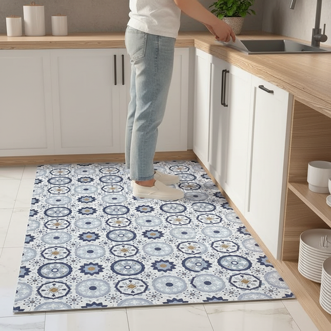 Tapis Cuisine antidérapant bleu motifs mosaïque