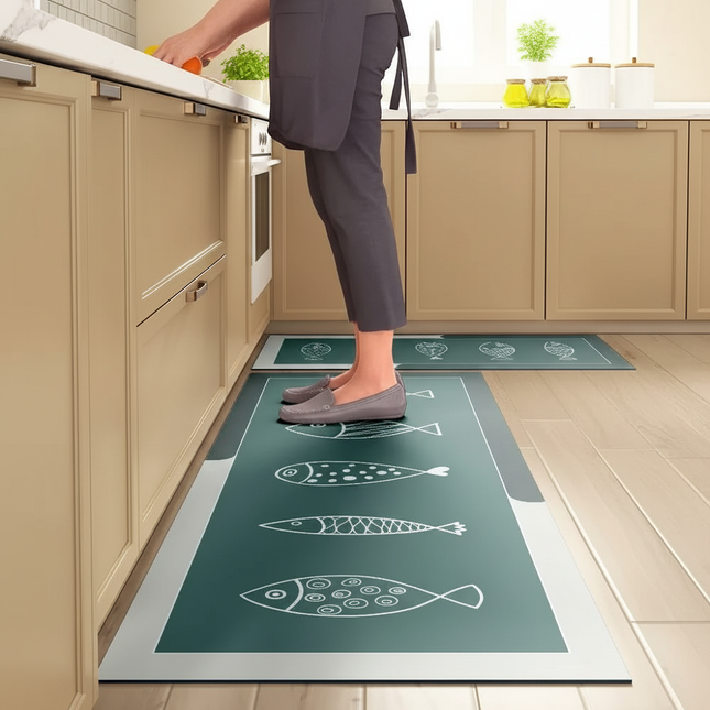 Tapis Cuisine vert canard motifs poissons antidérapant
