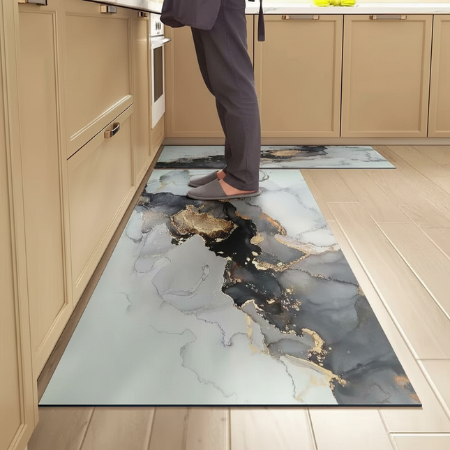 Tapis Cuisine marbré blanc-doré antidérapant